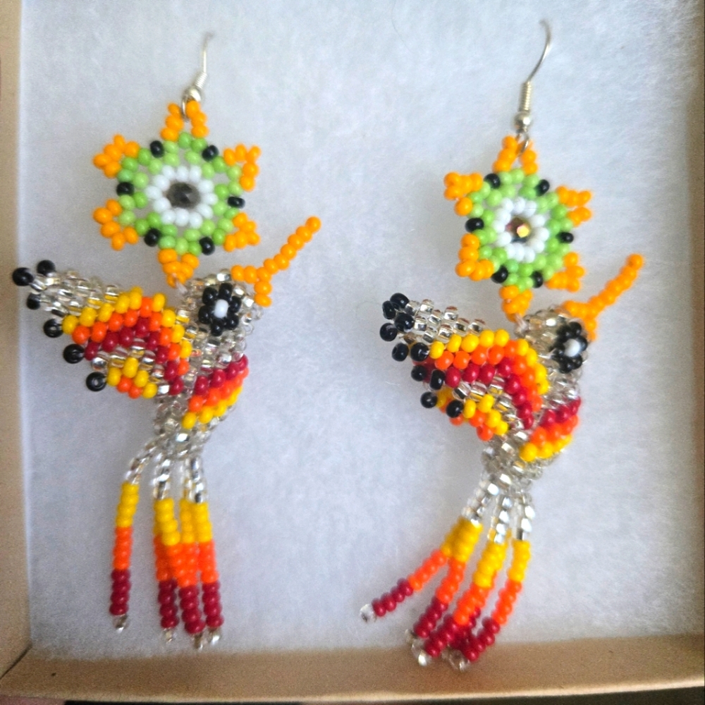 Red and Yellow Beaded Bird Earrings with Tassels